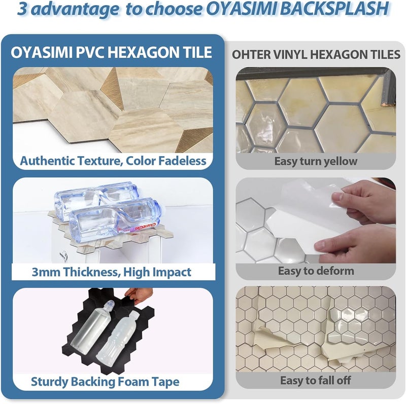 OYASIMI Hexagon Peel and Stick Backsplash for Kitchen Wall, 10 Sheets Heat Resistant Stick on Backsplash PVC Smart Tiles, 12'' Beige Marble Waterproof Peel and Stick Wall Tiles for Bathroom - Image 4